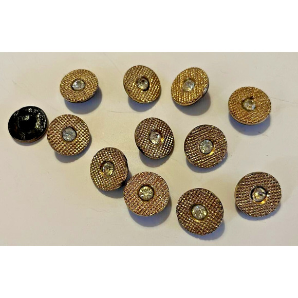12 Black Glass Buttons Le Chic Art Deco Gold Rhinestone Vintage - Picture 1 of 3